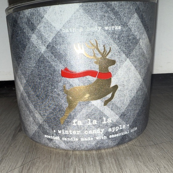 Bath & Body Works Winter Candy Apple Gray Plaid Candle with Reindeer Design - Picture 3 of 5